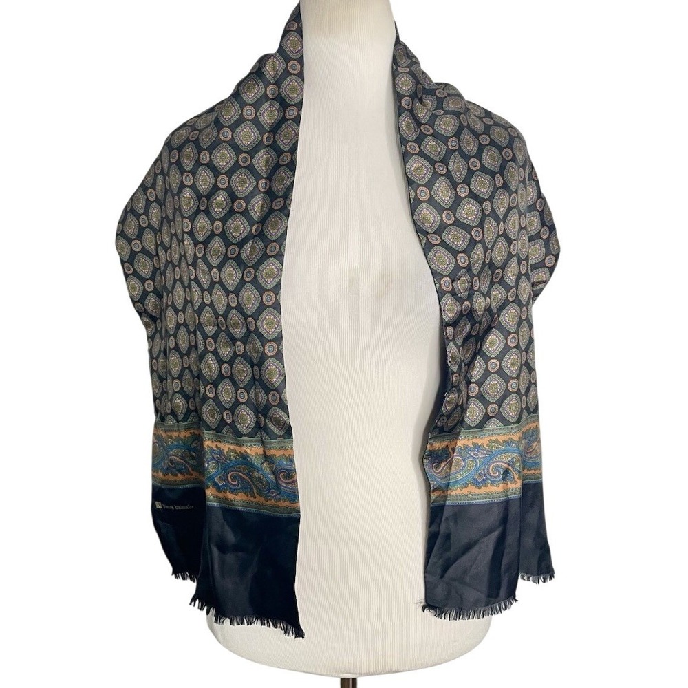 Pierre Balmain Shawl Scarf Black Paisley Floral Print Fringed Elegant
